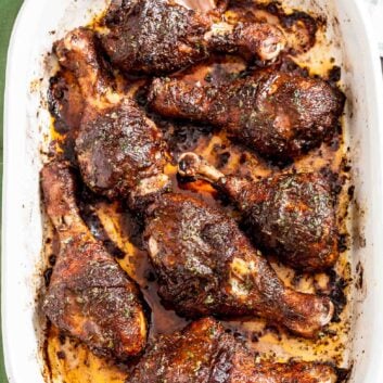 jamaican jerk chicken in a baking dish.