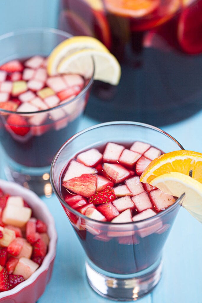 Red Sangria in glasses with fresh fruit