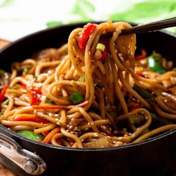 lo mein noodles in a pan