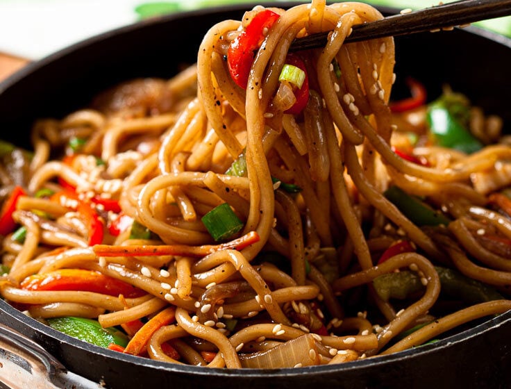 lo mein noodles in a pan