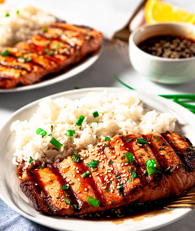 Grilled Salmon with Teriyaki Sauce and Rice