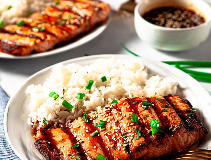 Grilled Salmon with Teriyaki Sauce and Rice