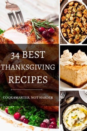 Collage of Thanksgiving Recipes including turkey, mashed potatoes, stuffing, and pumpkin pie.