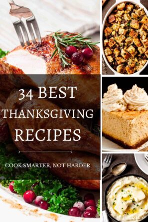 Collage of Thanksgiving Recipes including turkey, mashed potatoes, stuffing, and pumpkin pie.