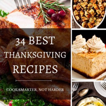 Collage of Thanksgiving Recipes including turkey, mashed potatoes, stuffing, and pumpkin pie.