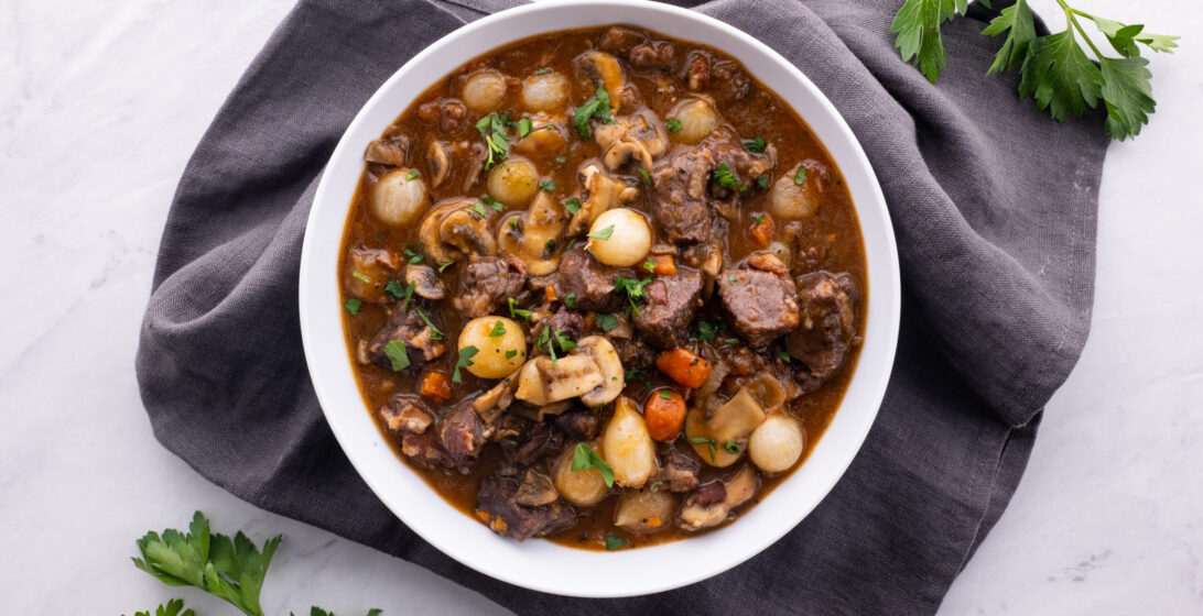 French beef stew or Boeuf Bourguignon in a bowl