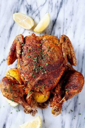 Instant Pot Whole Chicken on Marble Board.