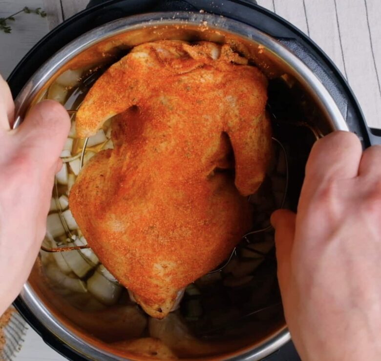 Instant Pot whole chicken in pressure cooker.