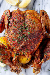 instant pot whole chicken on marble platter square