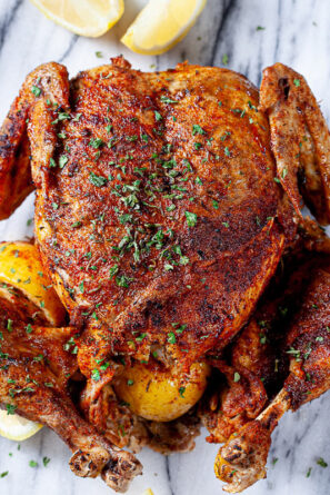instant pot whole chicken on marble platter square