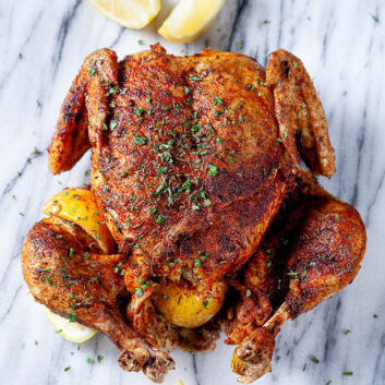 instant pot whole chicken on marble platter square
