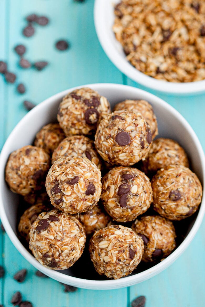 several no bake energy bites in a bowl