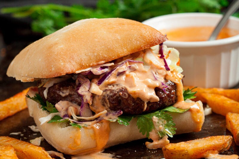 Asian Burgers on Ciabatta with Sriracha Mayo