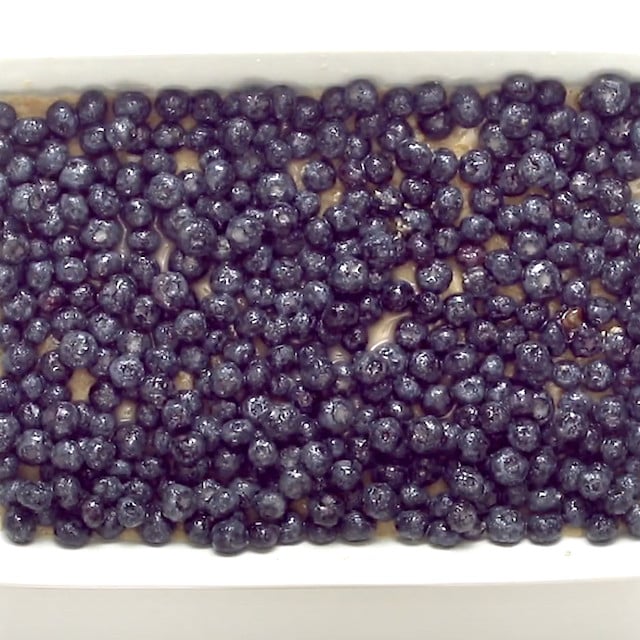 Blueberry filling layered on on top of crust mixture to make blueberry crumb bars.