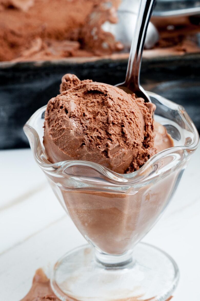 Chocolate ice cream in a clear dish