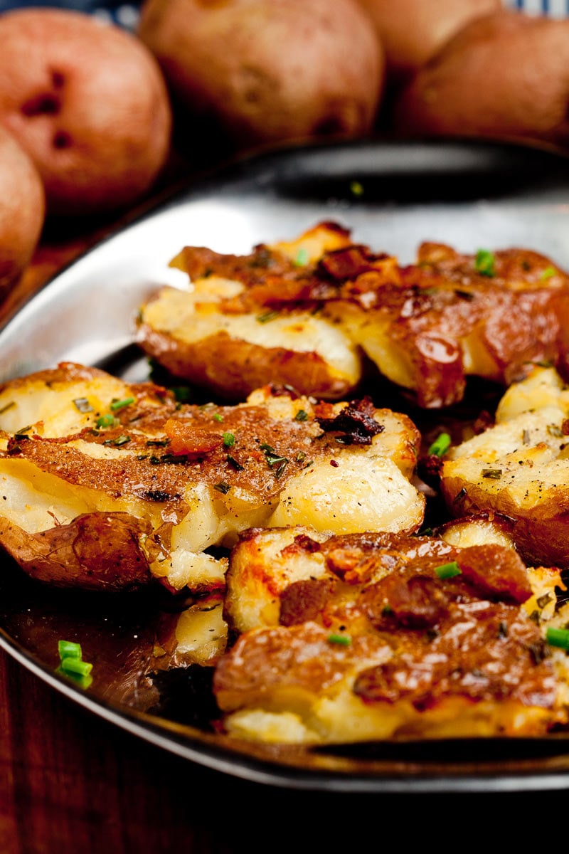 smashed potatoes on a plate