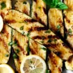 Grilled Zucchini with lemon wedges on a plate