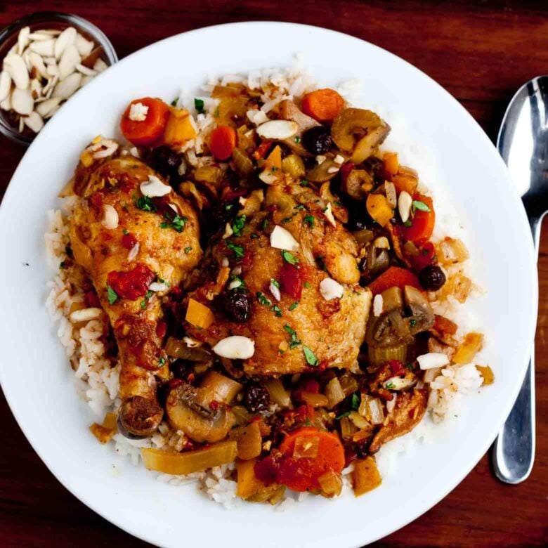 Moroccan style stew served over rice.