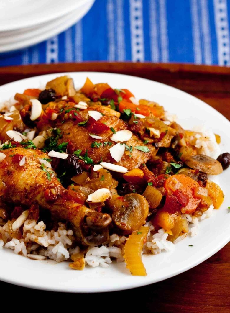 Moroccan style chicken stew plated and garnished.