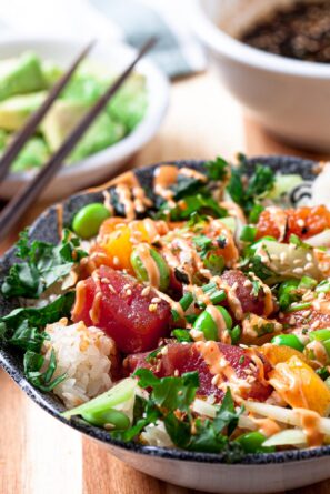 poke bowl with rice and sriracha mayo