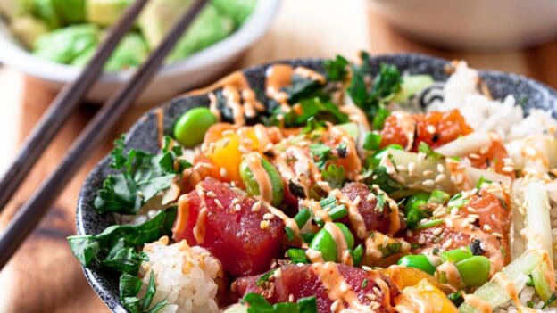 poke bowl with rice and sriracha mayo