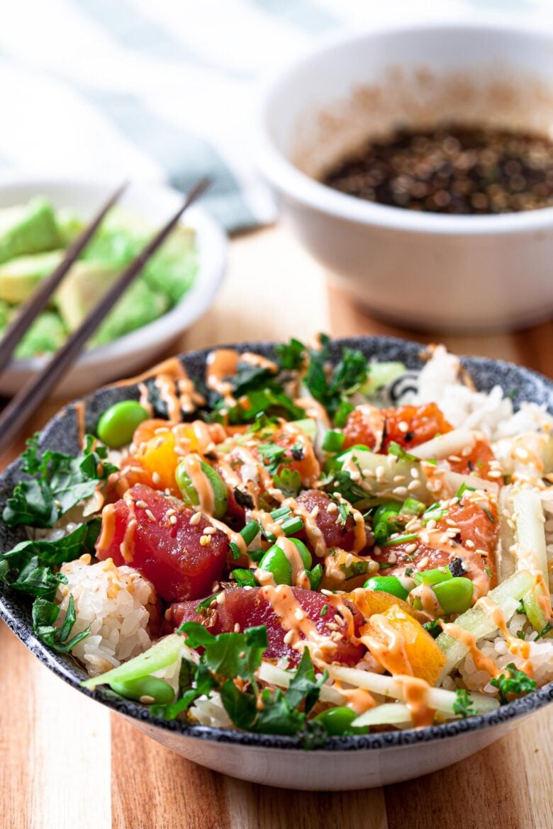 poke bowl with rice and sriracha mayo