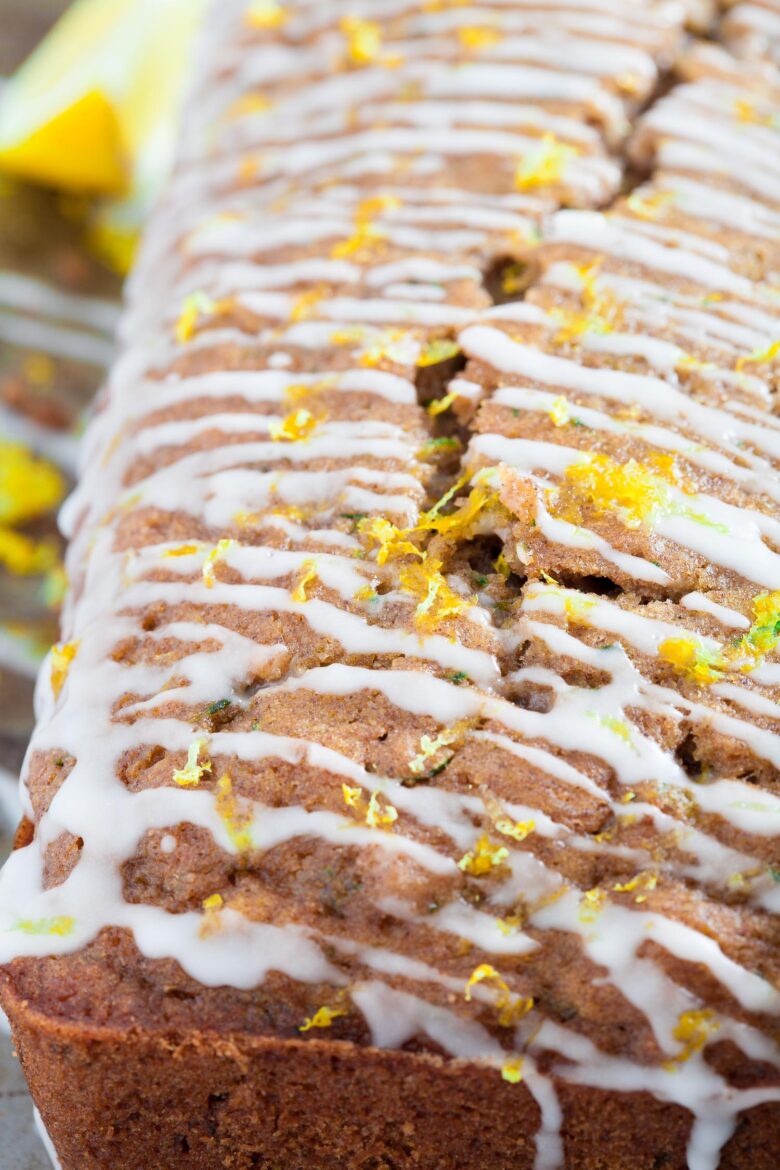 Lemon Zucchini Bread loaf with icing