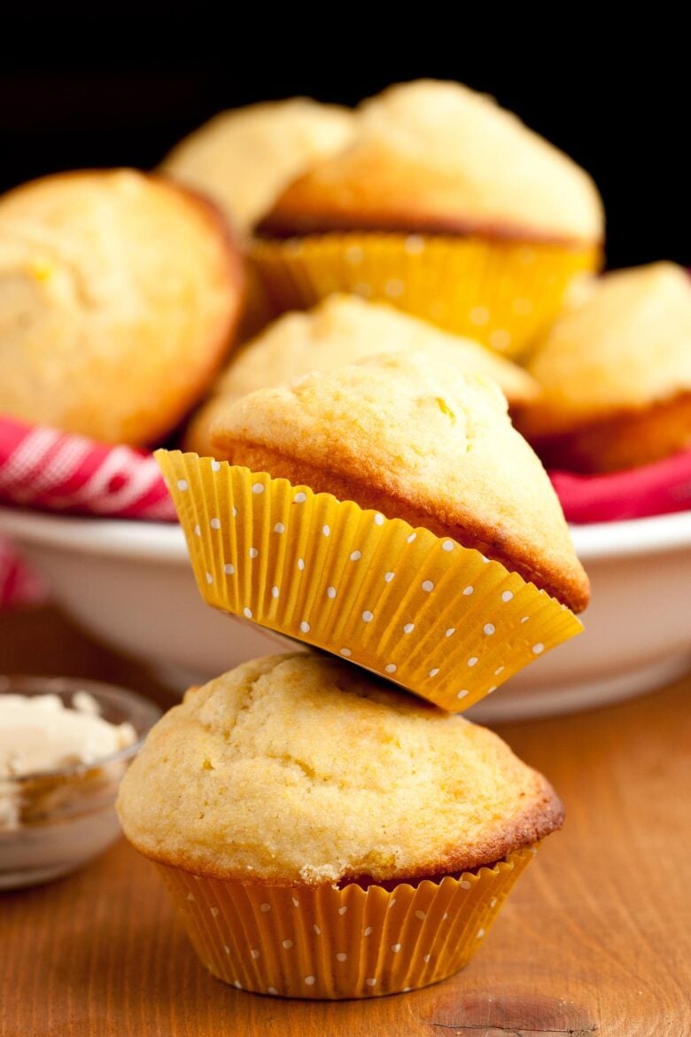 2 stacked sweet corn muffins with real corn kernels