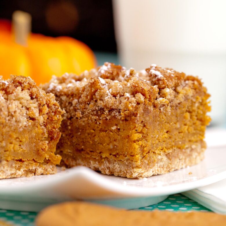 close up image of pumpkin pie bars