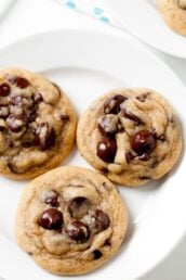 chocolate chip cookies on a white plate