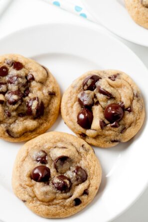 chocolate chip cookies on a white plate