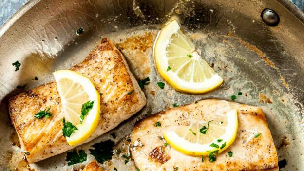 Mahi Mahi Fillets in Pan with Lemon Butter Sauce.