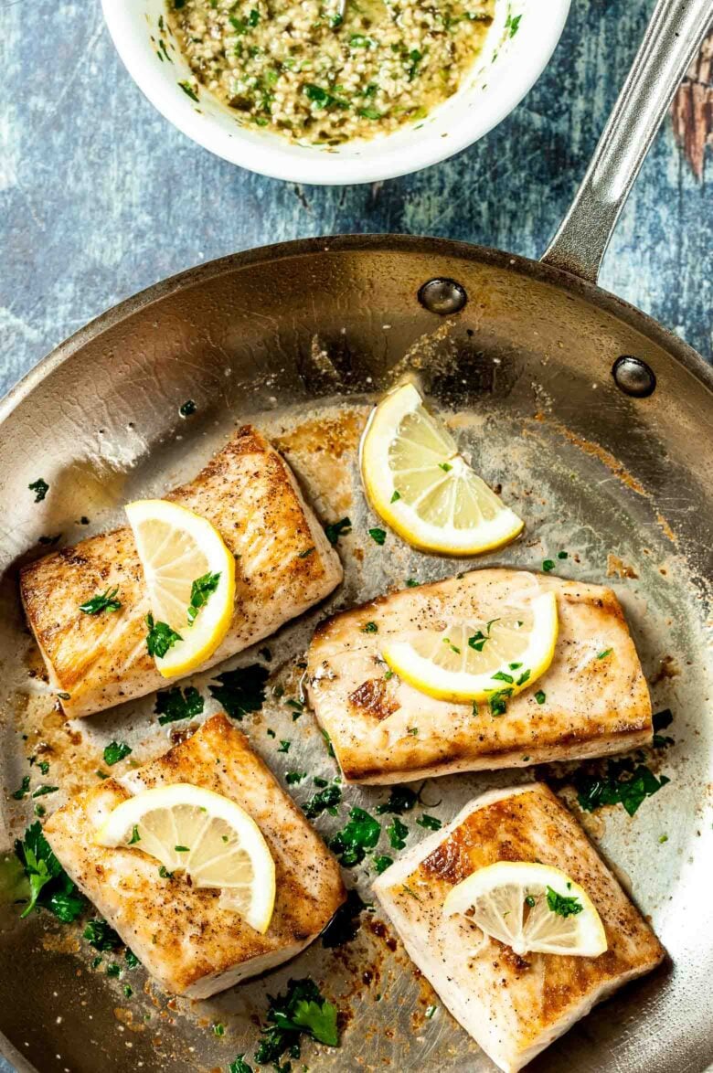 Mahi Mahi Fillets in Pan with Lemon Butter Sauce.