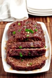 sliced teriyaki meatloaf garnished with scallions