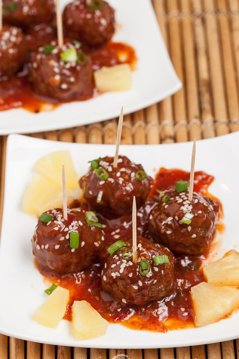 sweet and sour meatballs with toothpicks