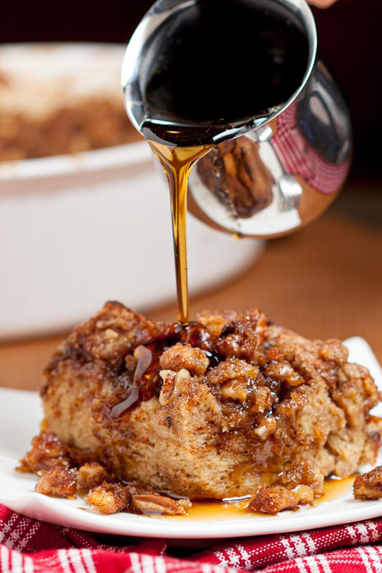French Toast Casserole with Syrup Drizzled Ove