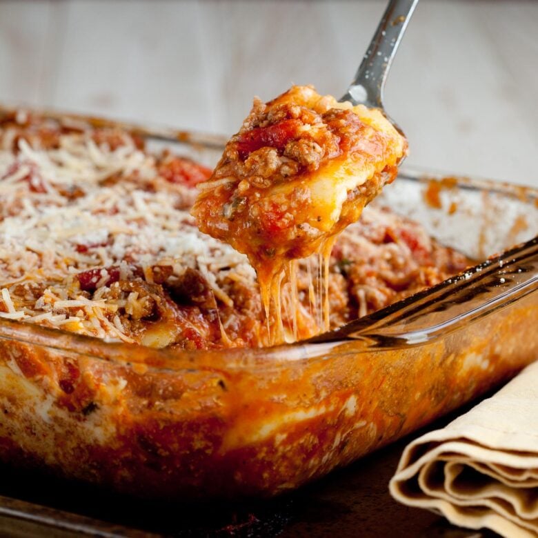 Cheesy Ravioli with Meat Sauce 7 Ravioli Casserole in a baking dish