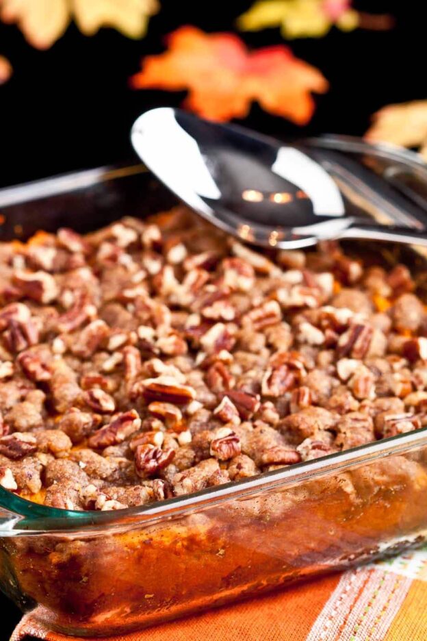 Sweet Potato Casserole In clear dish square.