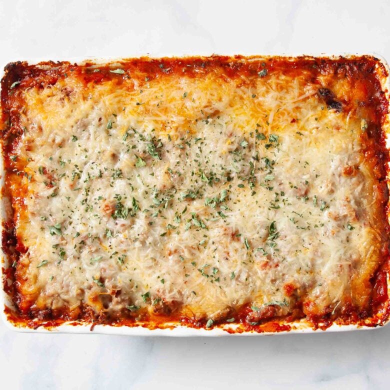 ravioli casserole finished baking in pan.