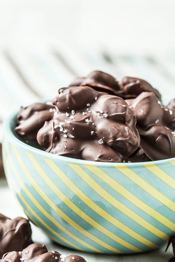 chocolate almond clusters in a bowl