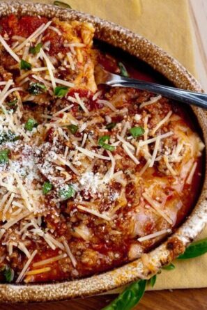 Ravioli Bake in oval dish horizontal shot