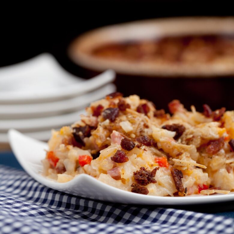 ham and potato casserole in a dish