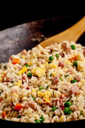 ham fried rice recipe with egg in a wok