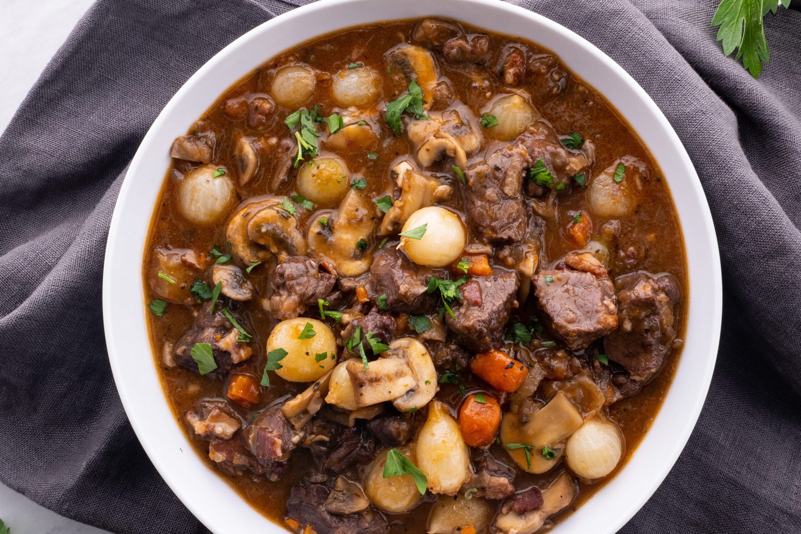 French beef stew or Boeuf Bourguignon in a bowl
