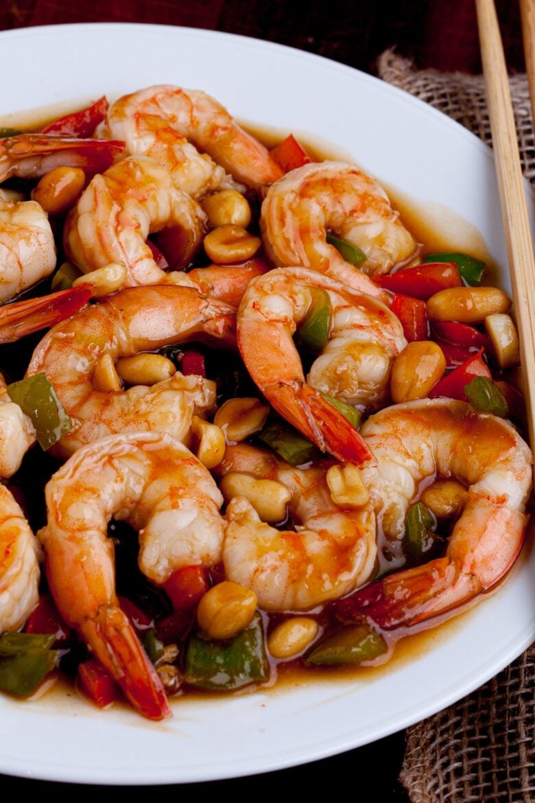 Kung Pao Shrimp in a white plate