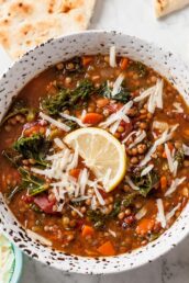 Lentil Soup in Bowl with Lemons