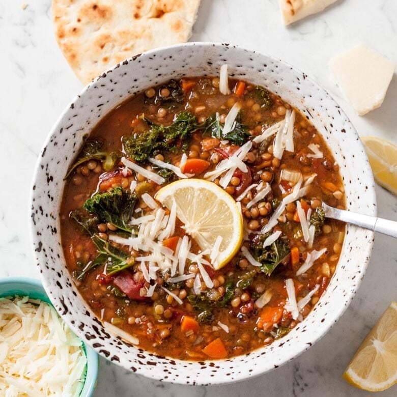 Lentil Soup in Bowl with Lemons