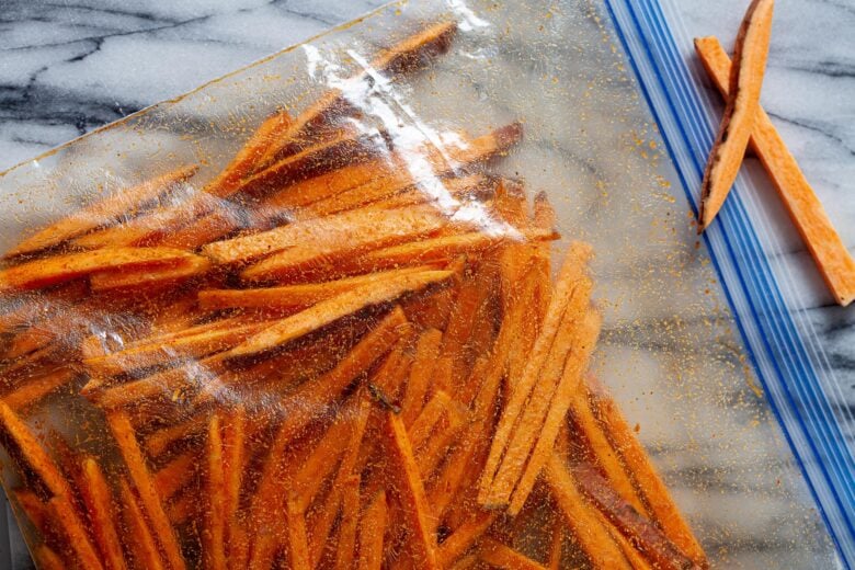 sweet potato fries in a ziploc bag