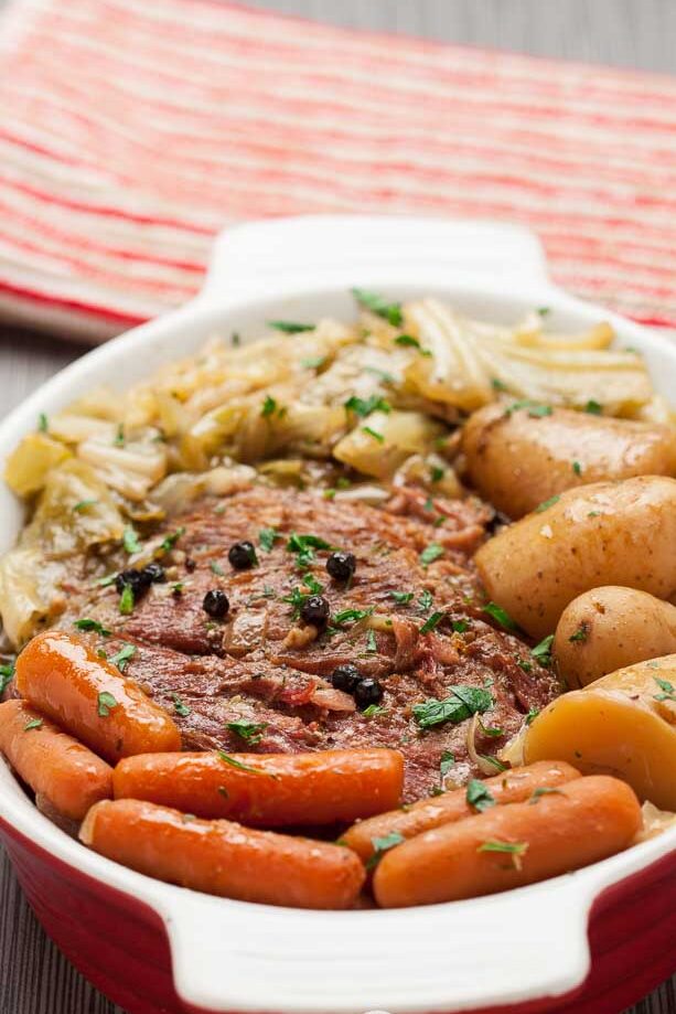 crock pot corned beef and cabbage in a dish