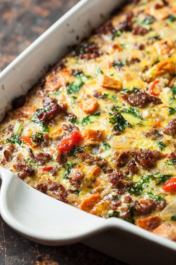 sweet potato sausage breakfast casserole, healthy breakfast casserole, whole30 recipe, egg bake, paleo recipe